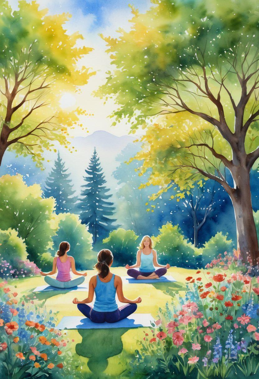 A serene landscape depicting a diverse group of people engaging in wellness activities like yoga, meditation, and gardening, symbolizing community support in cancer care. Include gentle sunlight filtering through trees, vibrant flowers blooming, and a clear blue sky, illustrating hope and healing. Emphasize the connection between individuals, showcasing warmth and compassion. watercolor painting. vibrant colors. peaceful atmosphere.