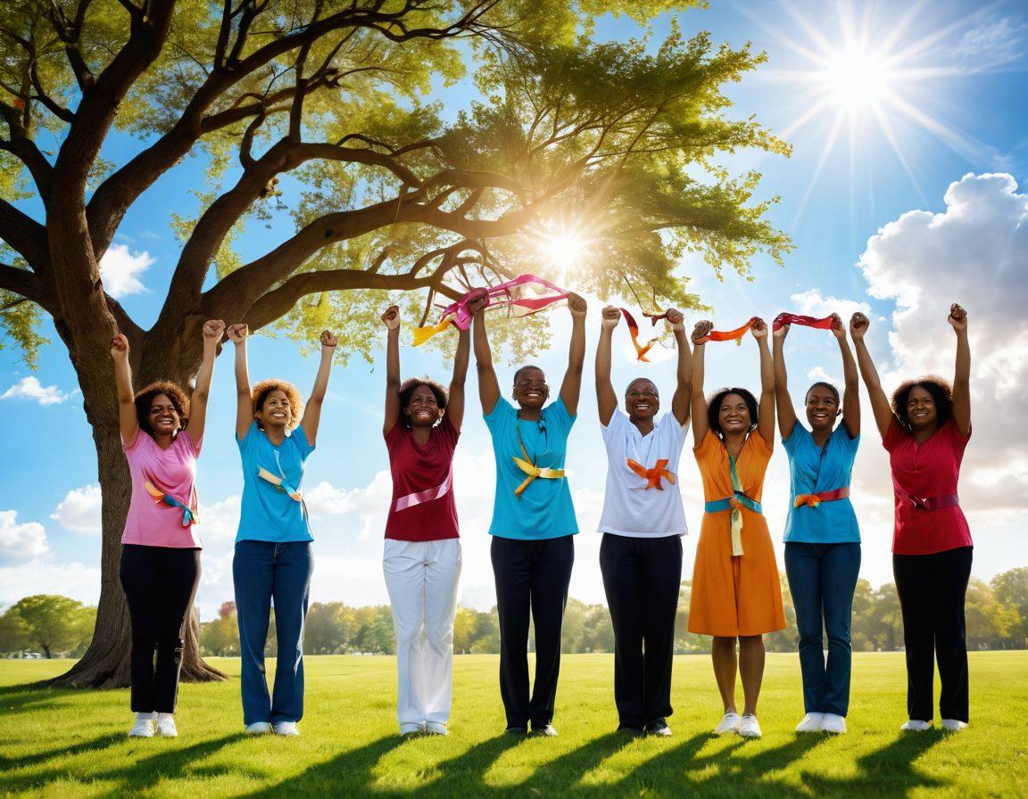 A diverse group of patients embracing their triumphs, showcasing smiles and positive energy in a serene park setting. In the background, symbolic elements like a tree representing strength and hope, with colorful ribbons fluttering in the wind. Add light rays breaking through clouds, highlighting the scene of support and empowerment. bright colors. 3D.