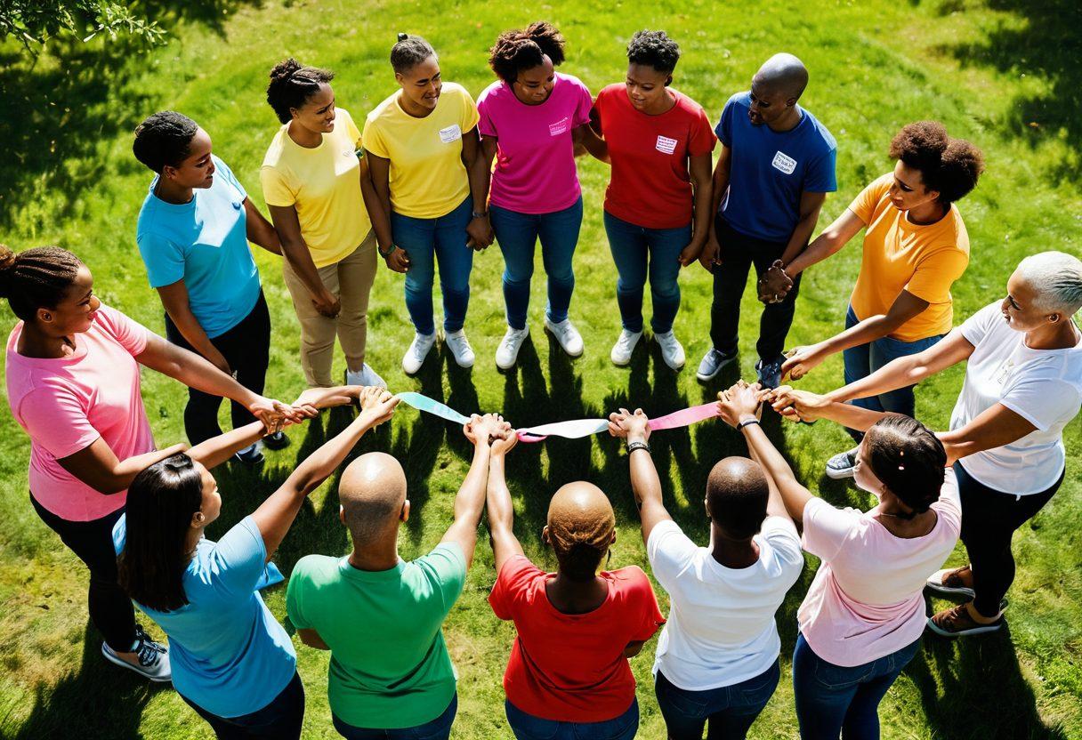 A diverse group of people holding hands in a circle, united in support, against a backdrop of symbolic cancer awareness ribbons in various colors. Some individuals wear T-shirts with inspiring messages about community strength and advocacy. Show a serene outdoor setting with sunlight filtering through trees, embodying hope and resilience. The scene should evoke emotions of compassion and connection. super-realistic. vibrant colors. natural light.